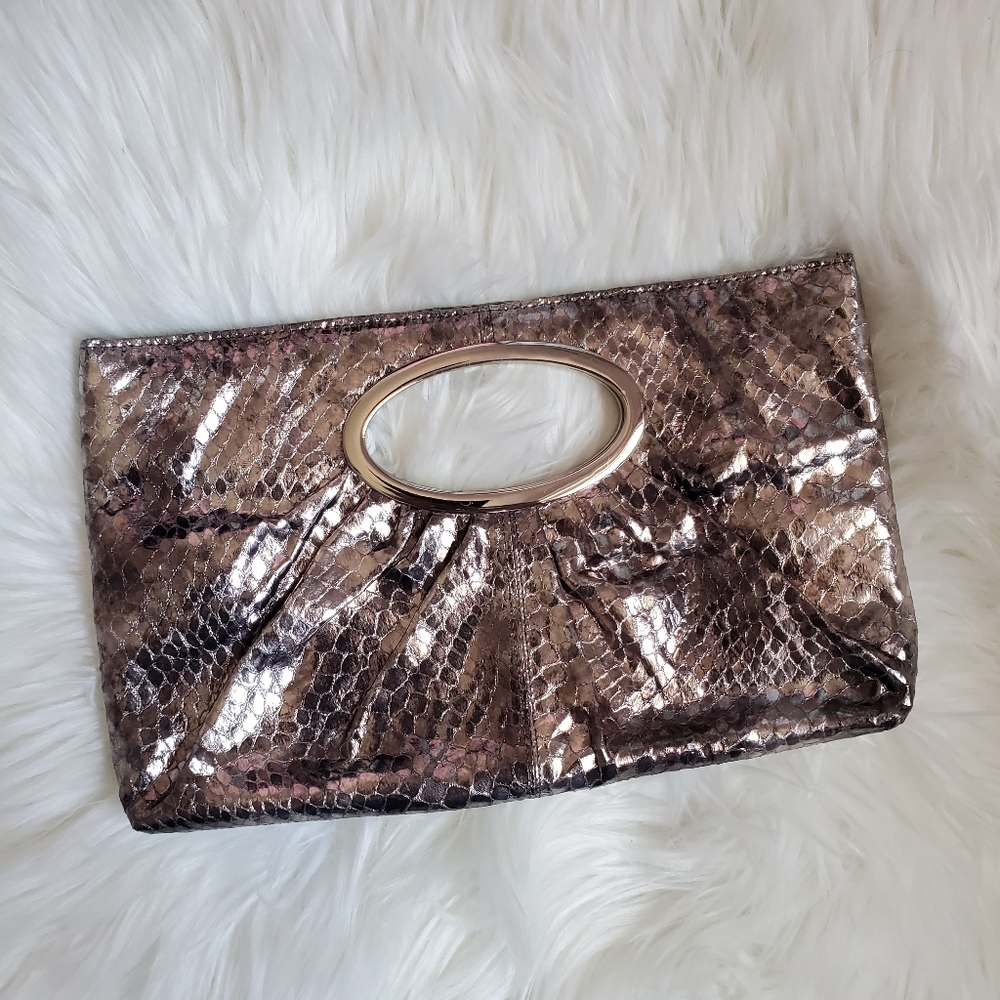 Metallic Gunsmoke Snake Print Evening Clutch With Silver Hardware